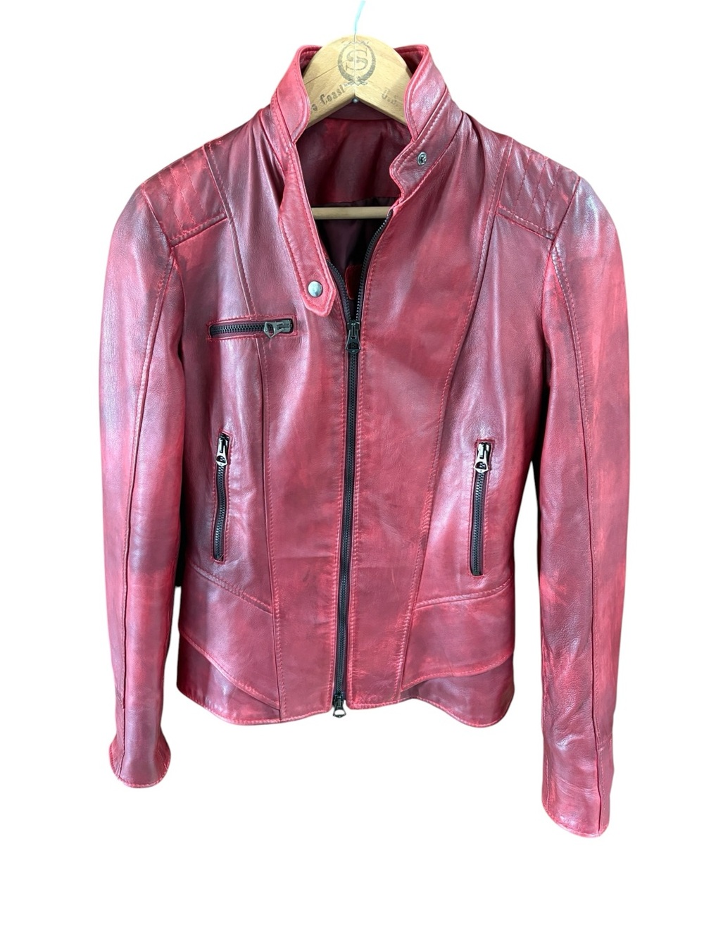 Curge Red Vera Pella Moto Style Leather Jacket Made in Italy Size XS (40)